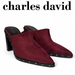 CHARLES BY CHARLES DAVID MERLOT FAUX SUEDE STUDDED POINTED TOE BLOCK HEEL MULES